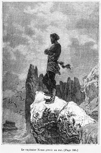 Capitão Nemo escalando uma rocha, ilustração de &39;20, 000 léguas submarinas &39;por Jules Verne (1828-1905) gravado por Henri Theophile Hildibrand (1824-97) Paris, Hetzel, publicado em 1877 (b