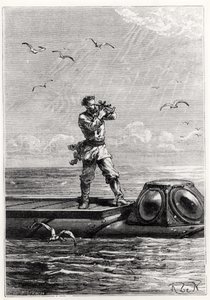 Capitão Nemo no topo do Nautilus, de &39;20, 000 Leagues Under the Sea &39;por Jules Verne (1828-1905) gravado por Henri Theophile Hildibrand (1824-97)