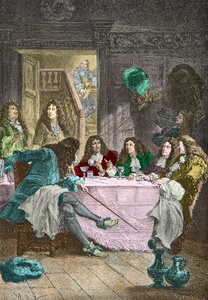 Jean de La Fontaine, Nicolas Boileau Despreaux, Molière e Racine jantando num cabaré (Gravura) de Alphonse Marie de Neuville