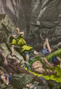 O cavaleiro Roland toca a sua trompa em Roncesvalles em 778 (Gravura) de Alphonse Marie de Neuville