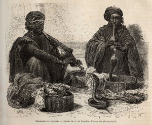 Les charmeurs de serpents, que comercializam répteis, que atraem soprando em seu toumril (flauta), gravando após o desenho de A. de Neuville, ilustrando a viagem à Índia dos Rajahs, em 1864-1868, de Louis Rousselet, publicado em "Le tour de Alphonse Marie de Neuville