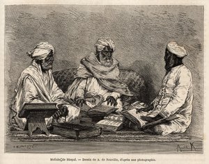 Les mullahs de la mesque de Bhopal, em plena discussão dos pontos controversos da religião muçulmana, gravando após o desenho de A. de Neuville, ilustrando a viagem na Índia dos Rajahs, em 1864-1868, de Louis Rousselet, publicado em "Le to de Alphonse Marie de Neuville