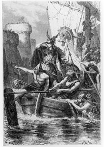Norse Boats sitiando Paris, de "A História da França disse a meus netos" por François Guizot (1787-1874) e terminou pela filha de Guizot, publicada por Hachette, 1879, (bw pho de Alphonse Marie de Neuville