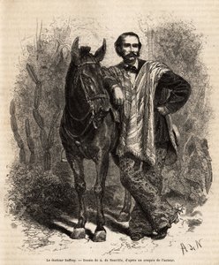 Retrato do Dr. Saffray, braços no seu monte, em vestido de viagem, gravado após o desenho de A. de Neuville, ilustrando a viagem a Nova Granada, pelo Dr. Saffray, em 1869, publicado em "Le tour du monde" 1873, editado por Edouard Charton, Hachette editi de Alphonse Marie de Neuville