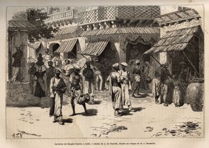 O cruzamento de Chandni chowk, a rua das tempestades de ouro, a principal arte das actividades comerciais e artesanais, que atravessa Dehli desde o grande portão do palácio até ao portão de Lahore, gravando após o desenho de A. de Neuville, ilustrando a vi