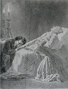 A morte de Jean Valjean, ilustração de Les Miserables por Victor Hugo (1802-85) de Alphonse Marie de after Neuville