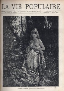 Uma jovem nua, de pé e decoiffee, cobrindo seu corpo com um cobertor, rodeada de vegetação e árvores que mascaram uma grade de ferro forjado. Ilustração de Alfons Maria Mucha (Alphonse Marie Mucha de Alphonse Mucha