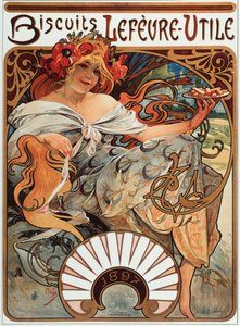 Cartaz publicitário de Alphonse Mucha (1860-1939) para os biscoitos “” Lefevre-Utile ””, 1897 - Cartaz publicitário de Alphonse Mucha para Lefevre Utile Biscuits, 1897 Dim 44x61 cm - Coleção particular