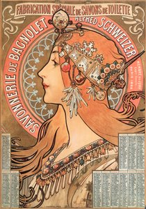 Página do calendário do ano 1898 decoree de uma ilustração de publicidade por Alphonse Mucha (1860-1939) para a empresa de sabão Savonnerie de Bagnolet Alfred Schweizer - Ilustração de publicidade por Alphons ( de Alphonse Mucha
