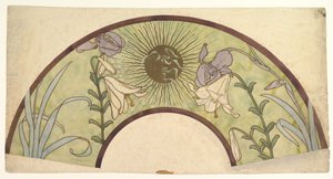 Design para um fã com sunburst, lírios e íris, final do século 19 - meados do século 20 de Alphonse Mucha