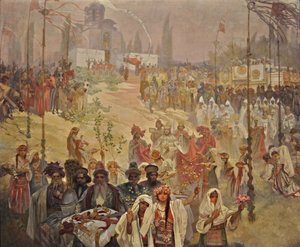 A coroação do czar sérvio Stefan Dusan como imperador romano do leste O ciclo A epopeia eslava de Alphonse Mucha