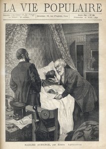 Dois homens debruçam-se sobre uma cama para ver a morte de um homem. À porta, outros homens estão a ver a cena do crime. Ilustração de Alfons Maria Mucha (Alphonse Marie Mucha de Alphonse Mucha