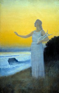 Hino ao Mar Jovem mulher segurando uma lira de frente para o mar. Personagem evocando a poetisa grega de Antiquite Sapho. Pintura de Alphonse Osbert (1857-1939) 1900 Coleção Particular