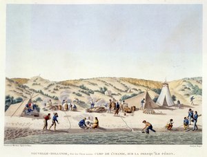 Louro do cão de mar, Holland novo: O acampamento do Urania perto da ilha de Peron, "da viagem em todo o mundo em Corvetas do Urania" gravado por Esqueça após o projeto por Marchais, bar. 1817-20 (colou