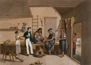 Interior de uma casa em Coupang, Timor, de &39;Viagem ao redor do mundo em Corvettes of Urania 1817-20&39;, gravado por Lerouge e Forget, publicado em 1825