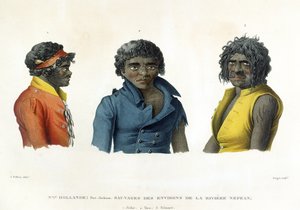 Port Jackson, New Holland: Os nativos da região do rio Nepean, de "Ao redor do mundo Corvetas viagens de Urania 1817-20" gravada por Forget, publicado em 1825