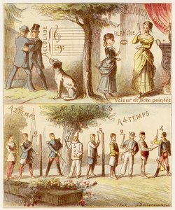 Acolade, valor da nota de pontos, medidas de dois e quatro batimentos - Gravura tirada do Alfabeto musical de Mlle Lili, de Angelino Trojelli (18..-1916). Bibliotheque & Magasin d
