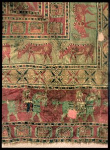 Tapete de pilha representando cavalos e cavaleiros, gamos e grifos, dos túmulos funerários de Pazyryk, do século V a IV (têxteis)