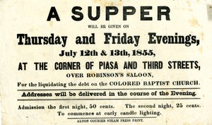 Circular publicitando um jantar em benefício da Igreja Batista Colorida, a ser realizado no Salão Robinson, [Alton, Illinois], 12-13 de julho de 1855 de Alton Courier