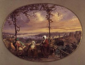 Vista do terraço de uma casa em Galata, com um turco, sua esposa e criada olhando para a boca do Chifre de Ouro e Bósforo de Amadeo Preziosi