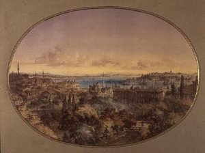 Vista de Constantinopla de Galata olhando para o Corno de Ouro e o Bósforo (aguarela sobre papel) de Amadeo Preziosi