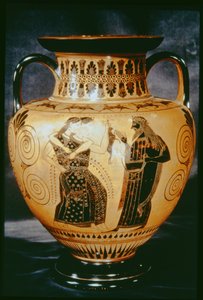 Ânfora de figura negra ática representando uma cena dionisíaca, 540-530 aC (louça de barro)