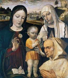 Madonna e Criança, Santa Catarina de Siena e um Monge Cartuxo, c. 1490.