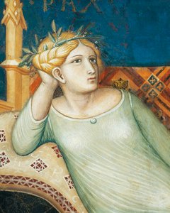 Alegoria de bom governo, paz, detalhe da Alegoria e efeitos de bom e mau governo na cidade e no campo de Ambrogio Lorenzetti