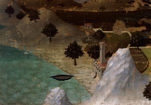 Castelo na margem do lago, por Ambrogio Lorenzetti (1290-ca 1348), Tempera na madeira, 22,5x33 cm de Ambrogio Lorenzetti