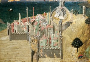 Cidade por mar, por Ambrogio Lorenzetti (1290-ca 1348) Tempera e ouro sobre madeira, 22,5x33,5 cm de Ambrogio Lorenzetti