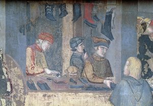 Efeitos do Bom Governo na Cidade, detalhe de um comerciante e artesãos na sapataria de Ambrogio Lorenzetti