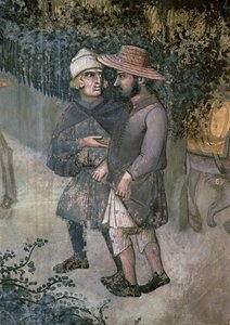 Efeitos do Bom Governo no Campo, detalhe de dois homens caminhando e conversando de Ambrogio Lorenzetti