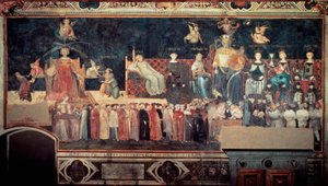 Efeitos do bom e mau governo na cidade e no campo (Allegoria del buon e del cattivo governo): detalhe representando bom governo (Alegorias de Paz, Magnanimita, Prudência, Temperança, Justiça). Fresco por Ambrogio Lorenzetti (1290-1348).
