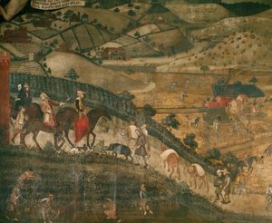 Paisagem com camponeses e um grupo de caça (fresco) de Ambrogio Lorenzetti