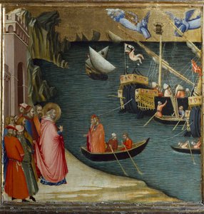 São Nicolau, bispo de Myra, salva da tempestade um navio que transportava uma carga de trigo. Cenas da Vida de São Nicolau (Tempera em painel de Ambrogio Lorenzetti