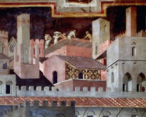 Os efeitos do bom e mau governo sobre a cidade e o campo. Detalhe dos efeitos do bom governo na cidade - 1338-1340, Fresco de Ambrogio Lorenzetti