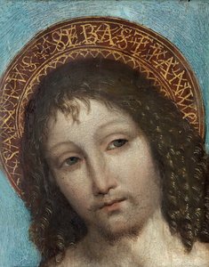 São Sebastião - Pintura de Ambrogio Stefani da Fossano, conhecido como il Bergognone ou Borgognone (Le Bouguignon) (1453-1523), óleo sobre madeira (23x18 cm) - São Sebastião, Óleo sobre madeira de Ambrogio Bergognone, finais do século XV - Colecção Privada