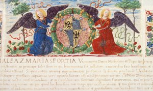 Anjos segurando um escudo representando um brasão de Sforza, miniatura de Ambrogio Bergognone de um manuscrito, Itália 1477.