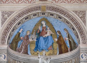 Gian Galeazzo Visconti e seus filhos Filippo Maria, Giovanni Maria e Gabriele Maria apresentando o modelo da Certosa à Virgem Maria e ao Menino (fresco)