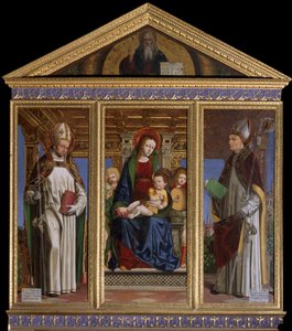 Virgem e Criança com os Santos São Hugh de Avalon (ou Hugh de Lincoln) (1140-1200) e São Hugh de Grenoble (ou Hugh de Chateauneuf) (1053-1132) Pintura de Ambrogio da Fossano dit il Bergognone (1481-1522) Cathedrale Saint Just, Susa, Turim