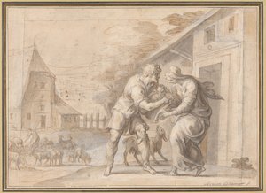 O Goatherd Lamon entregando a criança Daphnis para sua esposa Myrtele