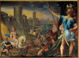 O acampamento dos crois em frente a Jerusalém Da série "Histoire de Tancrede et de Clorinde" ilustrando "La jerusalem delibree" do poeta Le Tasse (Il tasso) Pintura de Ambroise Dubois (1542-1614) Sol. 1,62 x 2,15 m Fontainebleau. Chatea