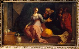 O médico Acestinus examina a Ilustração Chariclee de "The Ethiopics or History of Love of Theagene and Chariclee" de Heliodore (Heliodoros) de Emese (século IV d.C.). Pintura de Ambroise Dubois (1542-1614) 1610 Sol. 1,3x2,35 m Fontainebleau musee du ch
