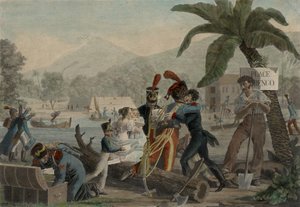 2ème Vue d&39;Aigleville, Colonie du Texas ou Champ d&39;Asile (2ª Vista de Aigleville, Colônia do Texas ou Feild of Asylum), c. 1819 (água-tinta com tinta à mão no papel) de Ambroise Louis Garneray
