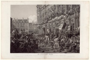 O duque de Orleães foi apresentado ao povo pelo general La Fayette na varanda do Hôtel de Ville em 31 de julho de 1830. de Ambroise Louis Garneray