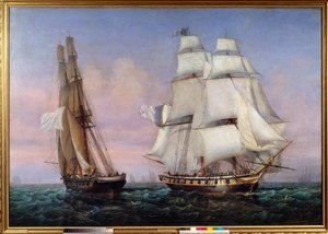 Regresso da ilha de Elba 28/02/1815 Napoleão I (1769-1821) a bordo do navio "O inconstante" atravessa o "Zephyr". Pintura de Ambroise Louis Garneray (1783-1857) 1837 Sol. 1,87x2,27 m de Ambroise Louis Garneray