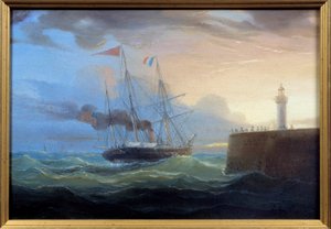 Vapor Saindo do Porto Pintura de Louis Garneray (1783-1857) Fecamp do século XIX, Museu da Terra Nova de Ambroise Louis Garneray