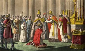 Carlos Magno (742-814) coroado pelo Papa Leão III (c750-816) na basílica de São Pedro, em Roma, em 25 de dezembro de 80 - Sagrado (Coroação) de Carlos Magno (742 - 814) em 800 pelo Papa Leão III. Desenhado e gravado por Ambroise Tardieu em 1825.