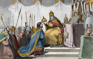Carlos Magno (742-814) coroado pelo Papa Leão III (c750-816) na basílica de São Pedro, em Roma, em 25 de dezembro de 800 - Sagrado (Coroação) de Carlos Magno (742-814) e 800 pelo Papa Leão III - Gravura de 1825 na "Histoire de France" representada por pint