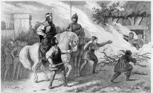 Clothar I (497-561) queima seu filho e família rebelde, 560 - Clotaire (Clothaire) I (497-561), Rei dos Francos, queima seu filho Chramne (Chram, Chramn) e sua esposa em 560, que se revoltou contra ele - Gravura de 1825 em "Histoire de France" representada de Ambroise Tardieu